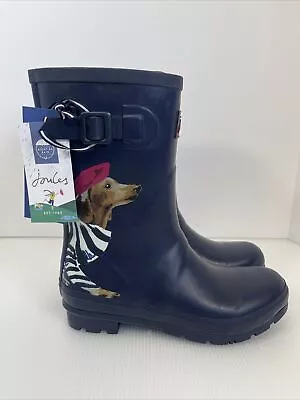 NWT Joules Navy DACHSHUND DOXIE SAUSAGE DOG Molly Wellies Rain Boots Women's 9 • $48