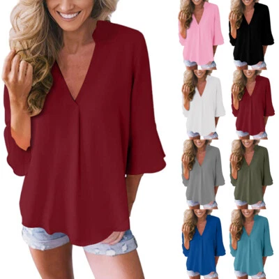 £9.49 • Buy Womens Ladies Tee Plain Chiffon Basic Tops Blouse Pure Holiday Loose T Shirt