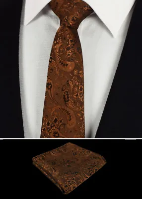 Mens Brown Bronze Floral Tie Pocket Square Wedding Silk Paisley Napkin Hanky UK • £10.77