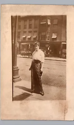 MICHIGAN CITY INDIANA PRETTY LADY STREET CORNER 1910 Real Photo Postcard Rppc Mi • $13