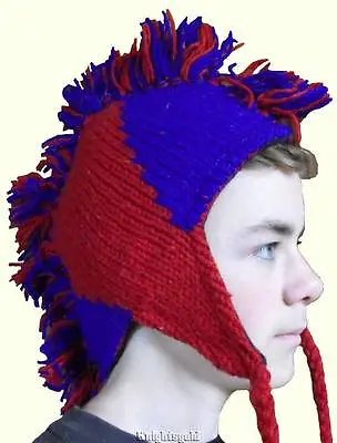 Beanie Fly Hat Red Blue Mohawk Winter Hand Knit 100% Wool Polyfleece Lined Nepal • $9.78