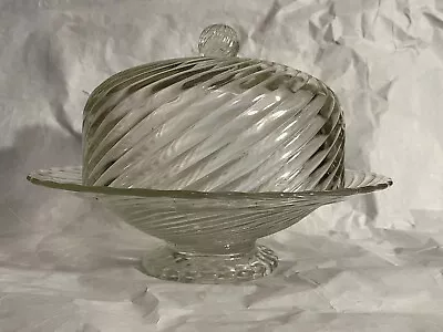 Vintage Glass Cake Stand Plate Dish With Dome Spiral Twist Style • £5