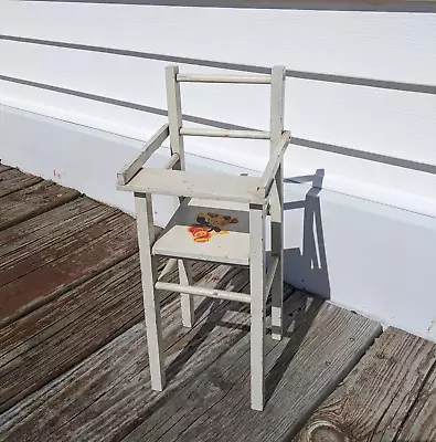 VTG White Wooden Doll High Chair Lift Up Tray Puppy Dog Decal Toy Furniture Prop • $69.99