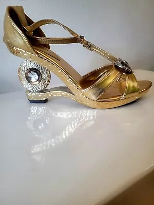 Heeled Diamonte Gold Vintage Shiny Abba Style Mosaic Egyptian Wedge Sandal Shoe • £26