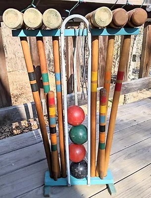 Vintage Wood Croquet Set Stand Stakes Outdoor Lawn Game Toy • $50