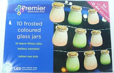 Premier 10 Frosted Coloured Glass Jars Warm White LED Christma Lights (((58))) • £9.59