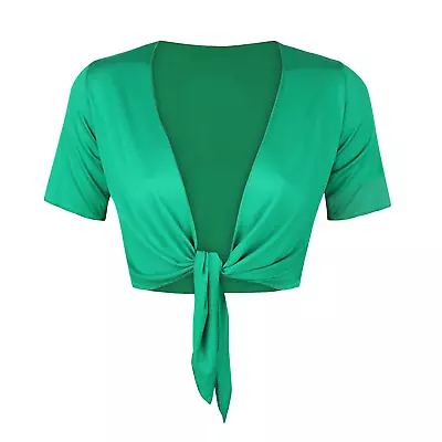 Women Short Sleeve Tie Up Cardigan Ladies Casual Wear Plain Bolero Crop Shrug • £6.99