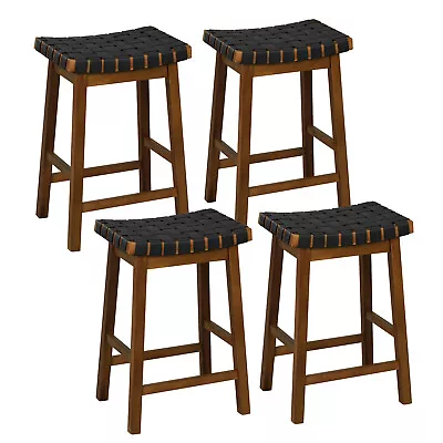 Woven Saddle Stools Set Of 4 25.5  Faux PU Leather Counter Height Kitchen Stool • $209.99