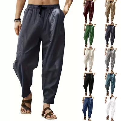 Mens Baggy Cotton Linen Casual Trousers Wide Leg Elastic Waist Loose Harem Pants • $20.32