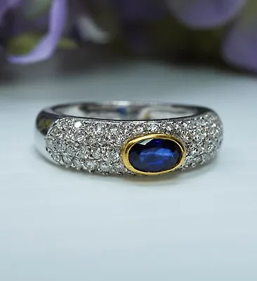 Vintage Ceylon Sapphire Diamond 18K White Gold Pave Ring Band Estate  • $1899