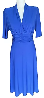 Evan-Picone Blue V-Neck Ruched Waist Short Sleeve Fit N' Flare Dress Womens 12 • $16.80