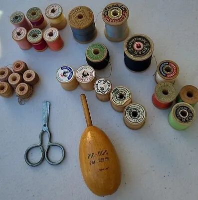 Wooden Sewing Thread Spools & Sock Darner Lot Of 19 Vintage  • $19.99