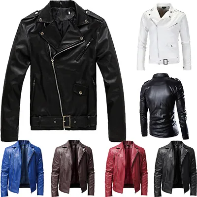 Black Mens Punk PU Leather Coat Slim Fit Biker Motorcycle Jacket Zipper Outwear* • $42.61