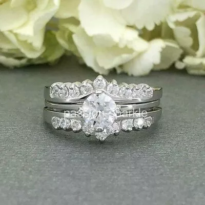 3ct Round Lab-Created Moissanite Solitaire Ring Ring Guard 14k White Gold Plated • $149.99