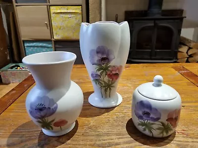 Vintage E Radford Handpainted Poppy Conserve Jar & 2 Vases • £10.79