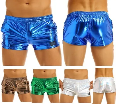 Men's Holographic Shiny Metallic Boxer Briefs Low Rise Hot Pants Shorts Swimwear • £4.99