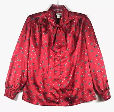 Vtg Pussy Bow Secretary Blouse Top Sz XL? Koret Long Sleeve Button Pattern Red • $19.99