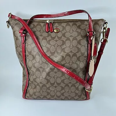 COACH Signature Peyton Pocket Tote Satchel Handbag Khaki/Red F25504 Purse • $55.90