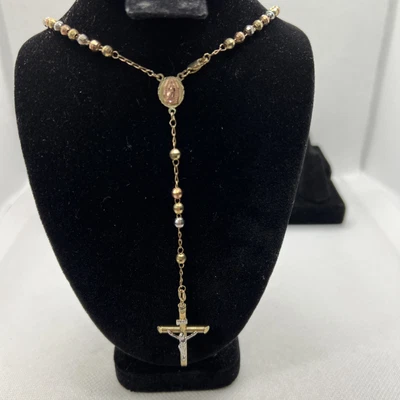 $824.99 • Buy 10K Tricolor Gold Rosary Necklace W/Virgin Mary Jesus Cross Charm Pendant 10.3gr