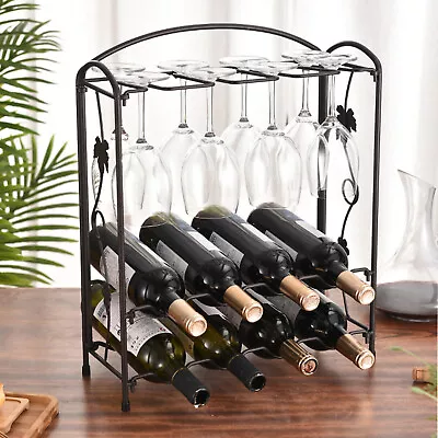 8 Bottles Metal Wine Rack Table Top Wine Storage Shelf W/Glasses Cup Holder  • $19.01