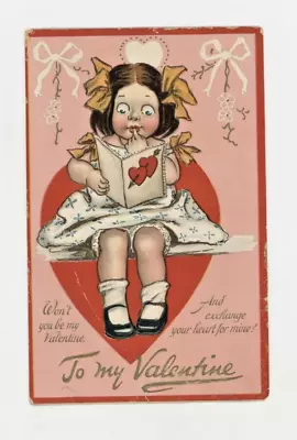 Vintage Valentine Postcard  YOUNG GIRL    VALENTINE   GOLD  TUCKS   POSTED  1910 • $3