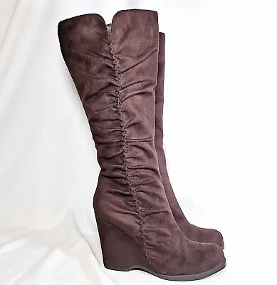 MIA Biscuit Womens Knee-High Boots Tall Dark Brown Zip Wedge Heel -  Size 8.5 • $13