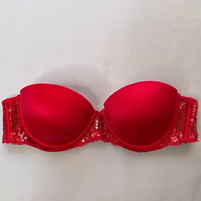 Victoria Secret Strapless Push Up Bra 34A Red Sequins Padded Cup Underwire • $21