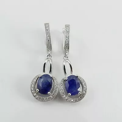 Sterling Silver .925 Sapphire & CZ Latch Back Fastening Drop / Dangle Earrings • $85.30