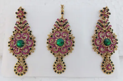 Bollywood Indian Kundan Bridal Gold Plated CZ Mang Tikka Earrings Jewelry Set 13 • $17.72
