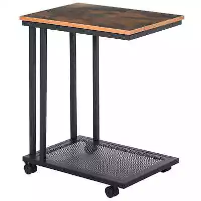 Industrial C Shaped Side Table With Wheels Mobile End Table Laptop Stand Tray • £37.99