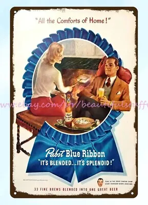 1947 Pabst Blue Ribbon Beer Metal Tin Sign Man Cave Club Metal Wall Art • $18.85