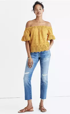 Madewell J.CREW Eyelet Off-the-Shoulder Top XS GOLDEN APPLE Yellow Cotton  • $32