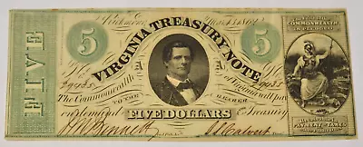 1862 $5 Virginia Treasury Note Confederate Era A838 • $54.99