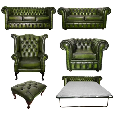 £639.99 • Buy Genuine Leather Antique Green Chesterfield Sofa Settee 3 Seater Armchair Stool