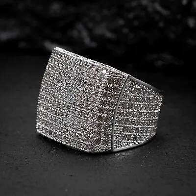Men's Cz Micro Pave Iced White Gold Plated Large Hip Hop Statement Pinky Ring • $27.29