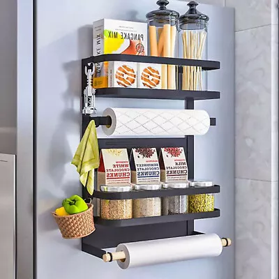 Spice Rack Magnetic Refrigerator Fridge Side Shelf With Paper Towel Holder Roll  • £14.95