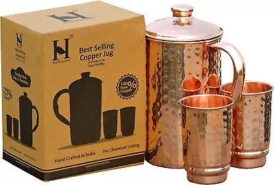 Pure Copper Hammered Water Jug With 2 Hammered Copper Tumblers Copper Pitcher • $49.99