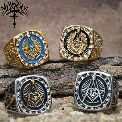 Masonic Ring Freemason Men's Stainless Steel Crystal Gold Mason G Pillar Cross • $11.99