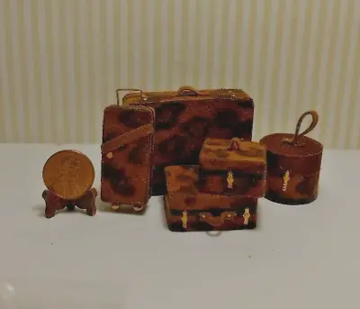 Miniature Dollhouse 5 Pc Luggage 1:12 /Brown Shades Cloth  W/ Black Tape  Trim • $12.59