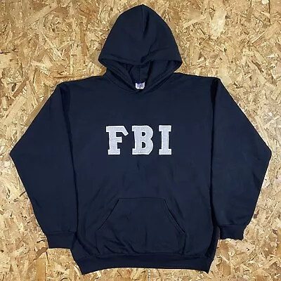 Vintage 90s American Knit Wear Embroidered FBI Black Hoodie Size XL • $24