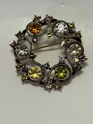 Vintage Gold SIGNED MONET Rhinestone Wreath Circle Brooch Pin Multi-colored • $11