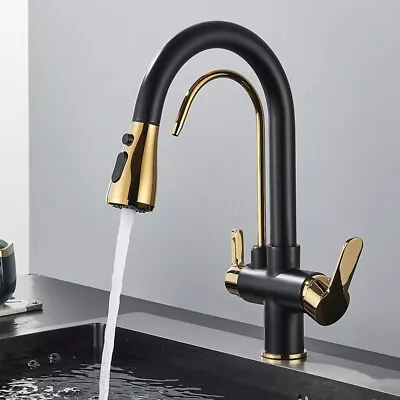 3-Way Kitchen Mixer Tap Pure Water Filter Pull Out Dual Spout Spray Swivel Black • £39.99