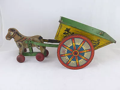 1948-1955 Horsedrawn Elenee Tin Toy Cart 15.5 Inches W Mexicans Singing Dancing • $100