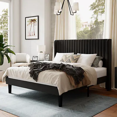 Full Size Velvet Bed Frame With Vertical Channel Tufted Wingback Headboard • $193.99