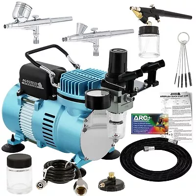 Master 3 Airbrush Dual Fan Air Compressor Professional Kit Gravity Siphon Feed • $127.99