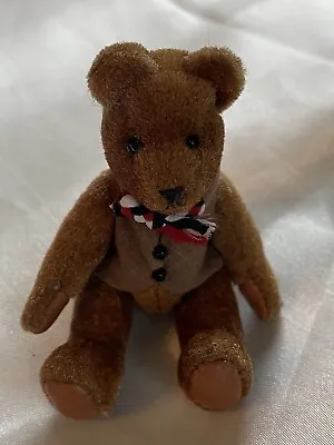 Miniature Jointed Teddy Plush Bear Shimmery Brown Material Bowtie Vest Papa Bear • $12