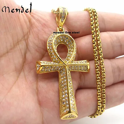 MENDEL Mens Gold Plated Bling Egyptian CZ Hip Hop Ankh Cross Pendant Necklace • $19.99