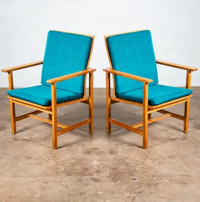 Mid Century Danish Modern Lounge Chairs 2257 Borge Mogensen Fredericia Oak Blue • $1498.98