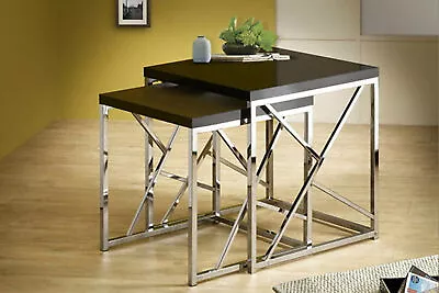 Modern Wood And Chrome Black Nesting Tables Set Of 2 • $133.99