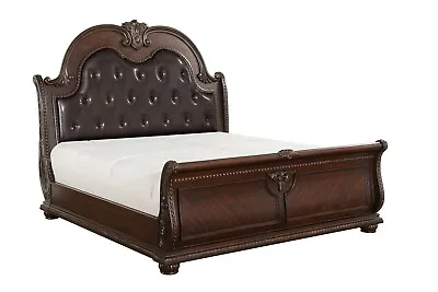 Stunning King Dark Cherry Faux Leather Upholstered Sleigh Bed Bedroom Furniture • $1499